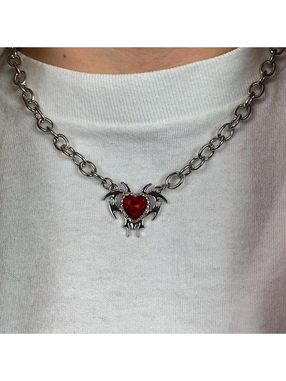Red heart shaped opal love pendant thick chain y2k 2000s opium style necklace ch